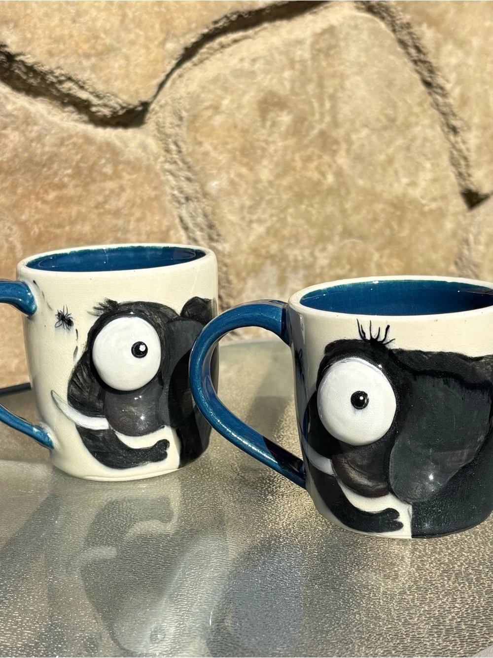 Ceramic 3D Eye Elephant Mugs Black Blue White Color Set of 2, 12 Oz 10 Oz